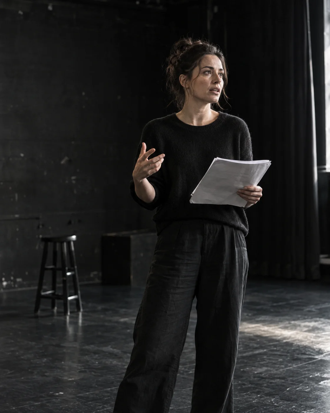 An actor rehearsing from a paper script beside a softly lit window.